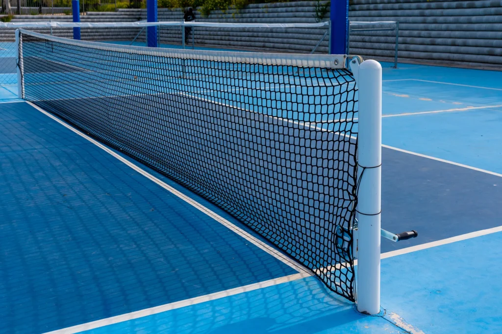 pickleball net in a blue outdoor court banner